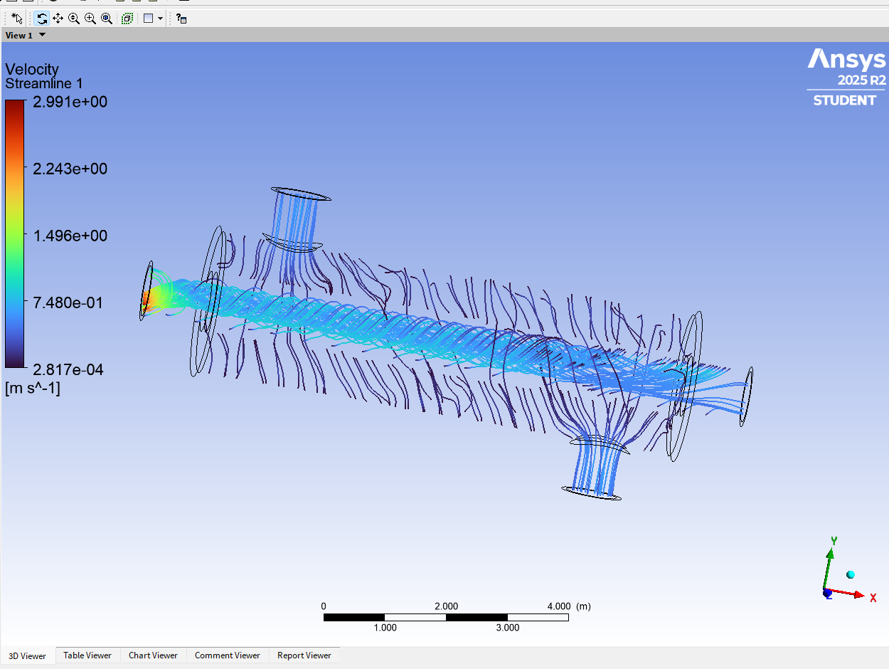 ANSYS Fluent velocity streamlines for Case A at 0.5 meters per second, showing direct tube-side flow and curved distributed shell-side flow.