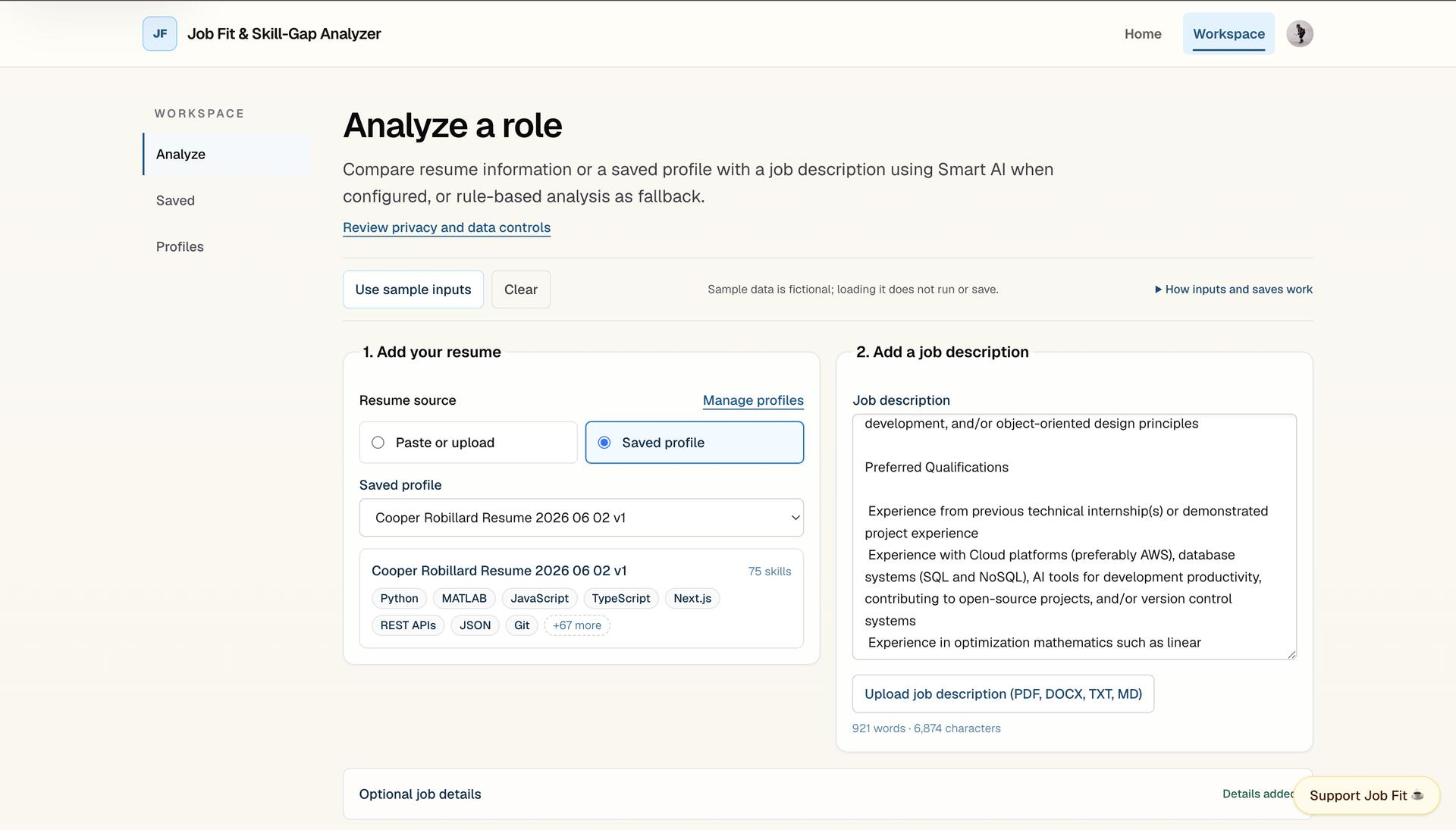 Analyze a role workspace showing a saved résumé profile, job-description input, supported document-upload formats, privacy and data controls, and sample-input messaging.