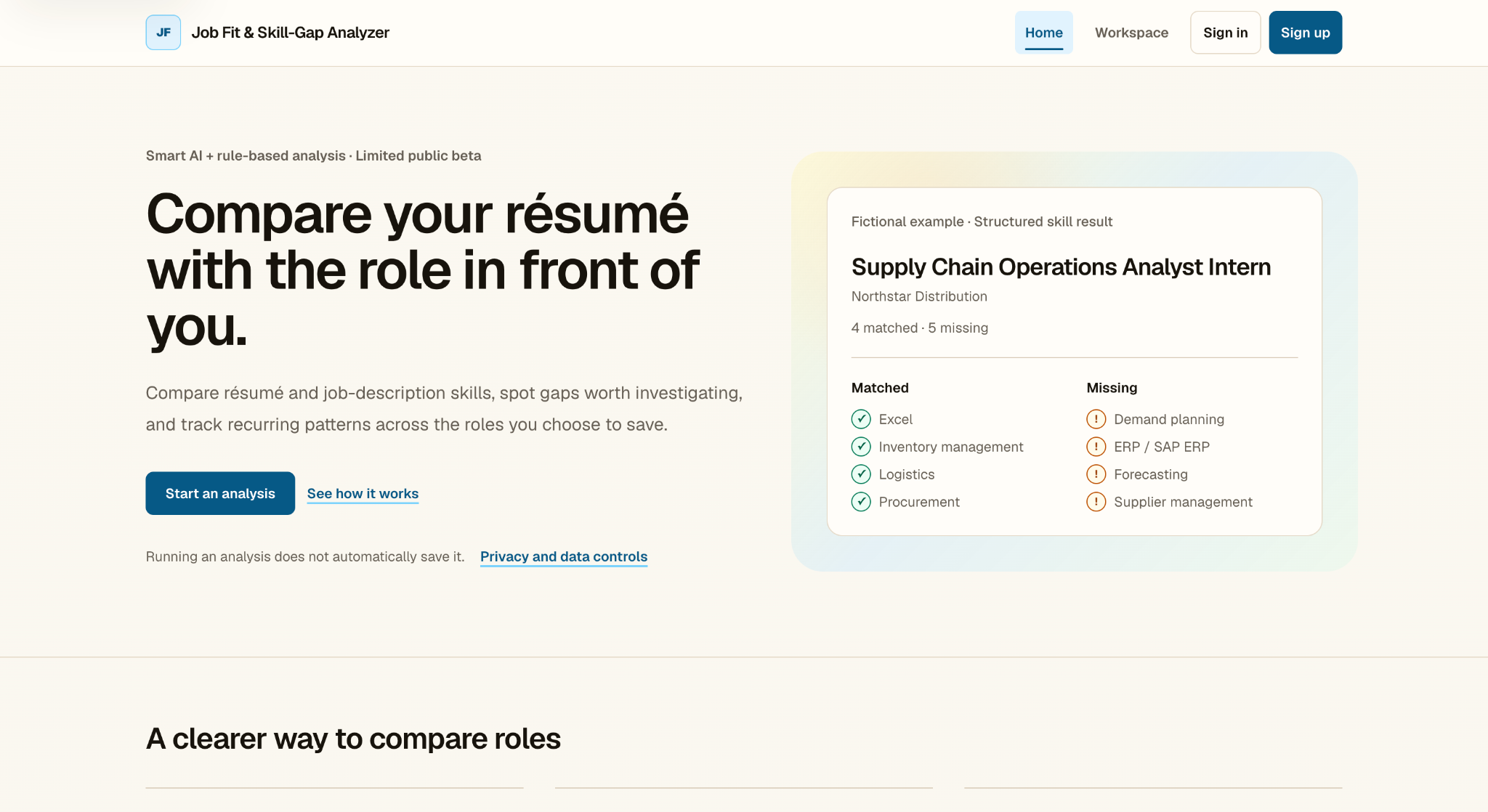 Public Job Fit and Skill-Gap Analyzer homepage describing Smart AI plus rule-based analysis, a limited public beta, résumé-to-role comparison, a fictional structured skill result, and privacy controls.