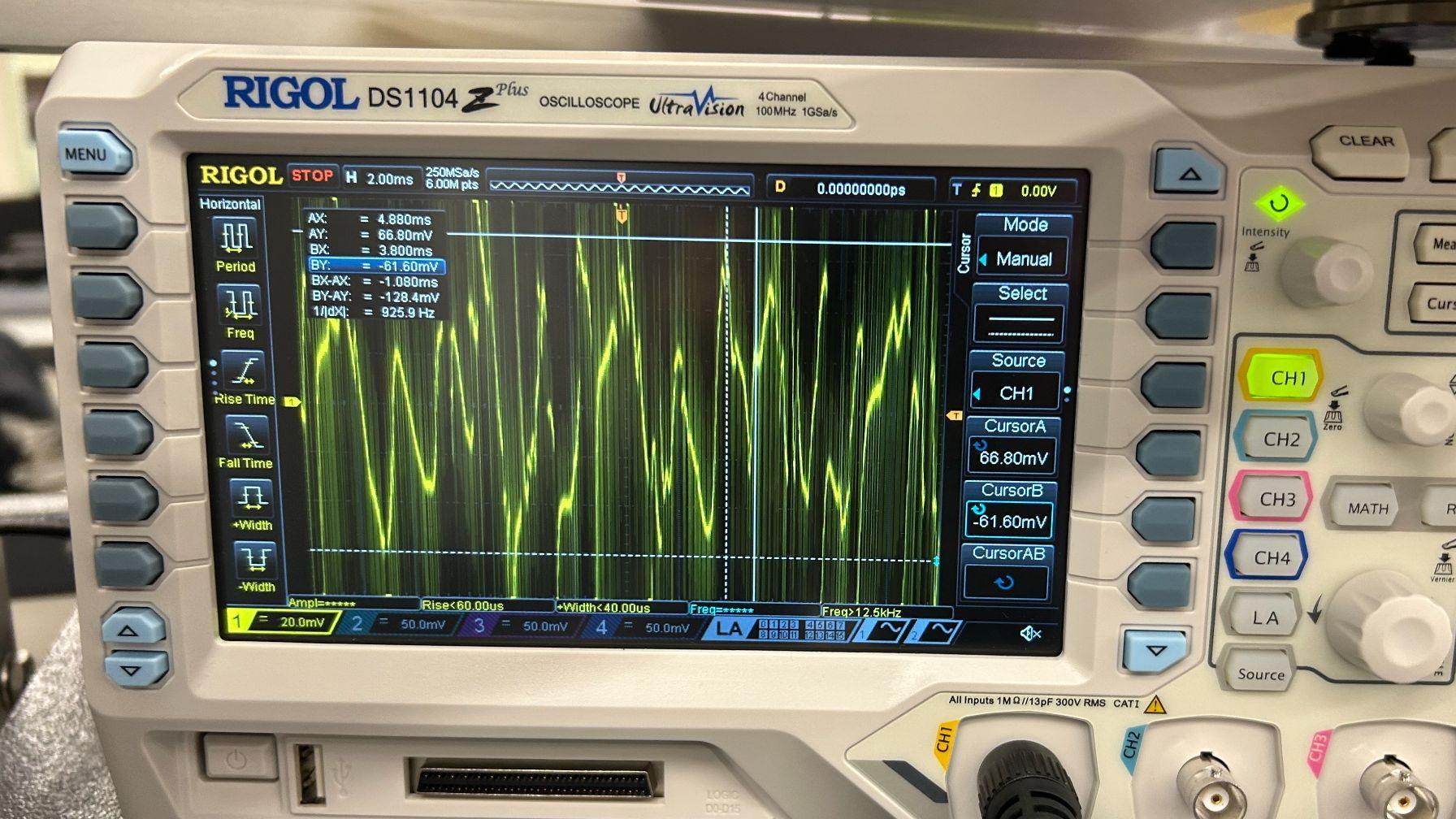 Oscilloscope display documenting the generator's measured periodic, non-sinusoidal AC EMF waveform.